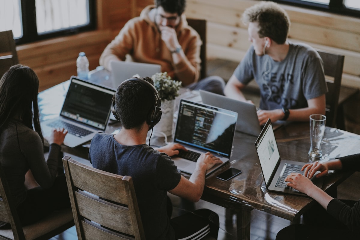 A professional team collaborating in a modern office workspace